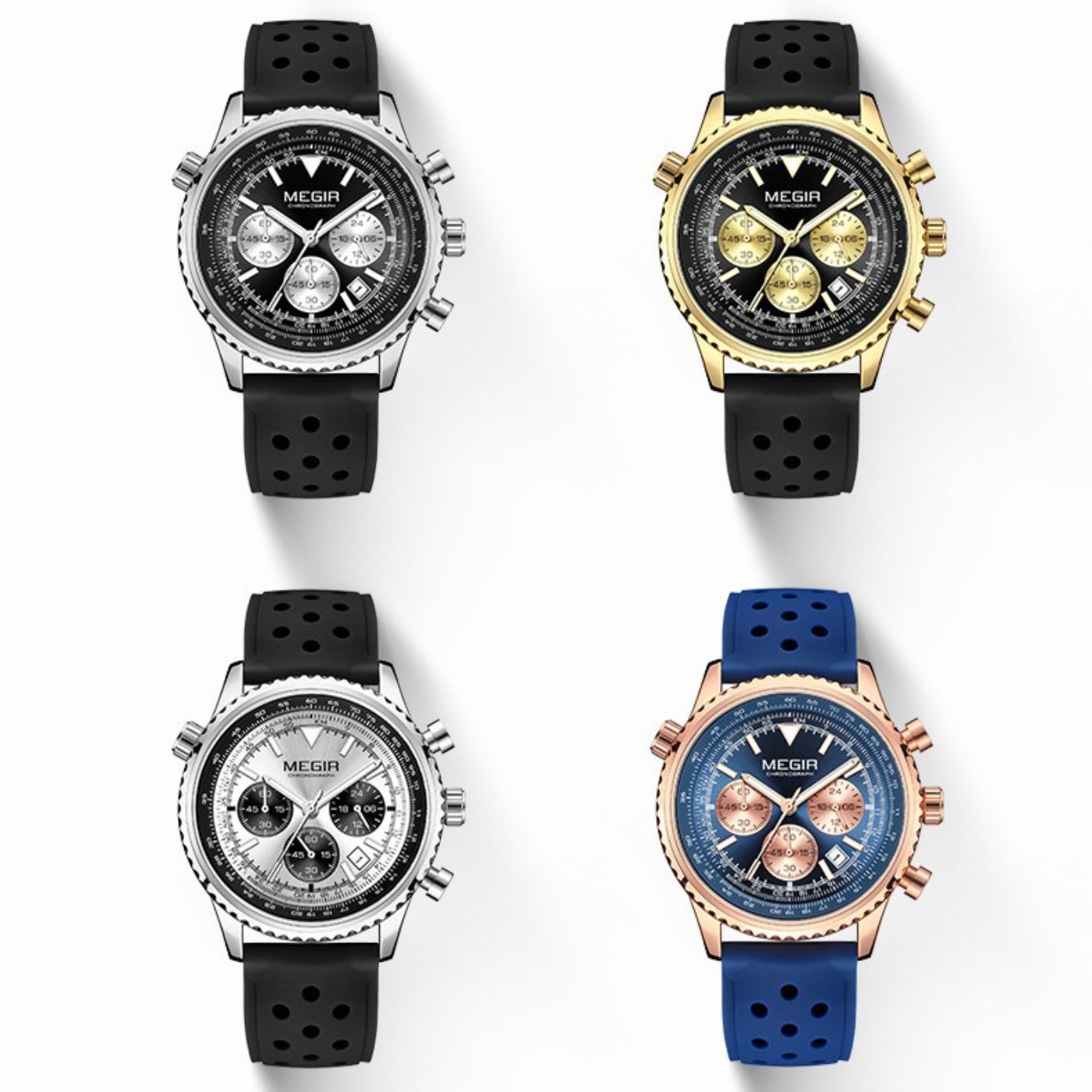 Chronograph Sport Watch - MEGIR Srebrno-Czarny Zegarek Kwarcowy Męski Wojskowy